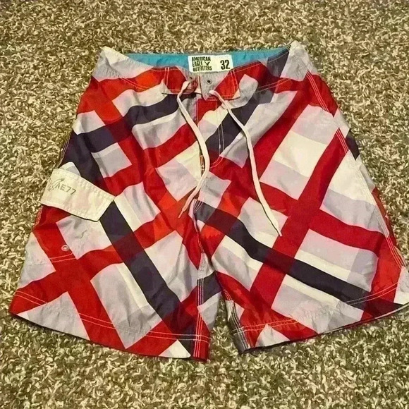 American Eagle Men’s Red, White & Blue Swim Trunk Board Shorts Size 32 - Picture 1 of 14